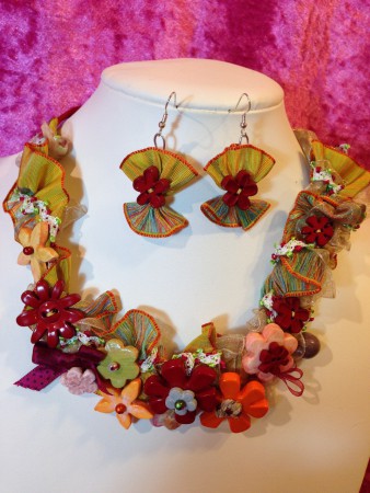 collier passementerie+pâte fimo light peinte et vernie+pièces résine 40 euros+ boucles 13 euros